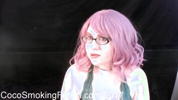 Smoking with Pink Hair and Green Lingerie